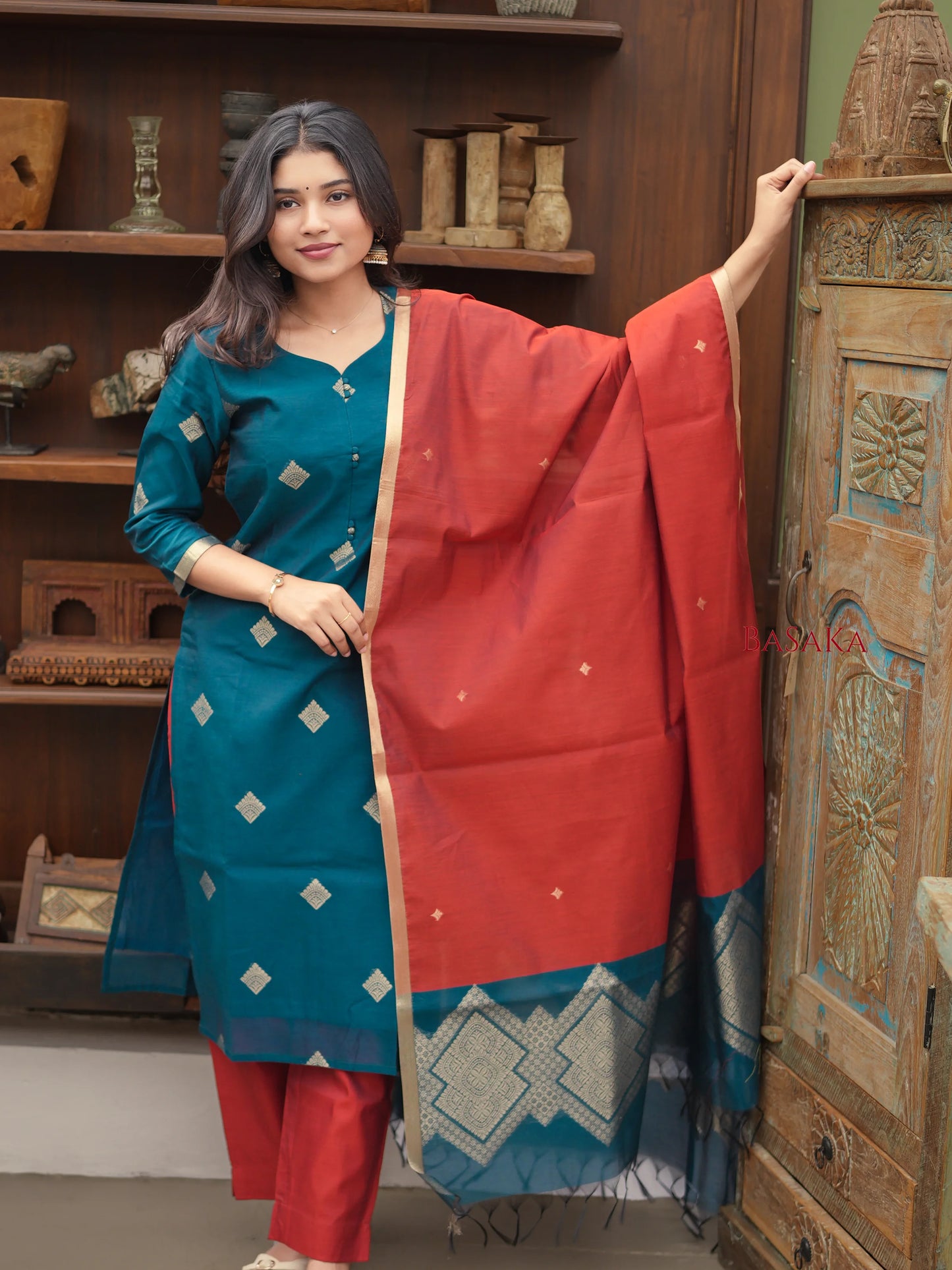 Spanish Green Kora Silk Suit Set (3 Pcs) with lining