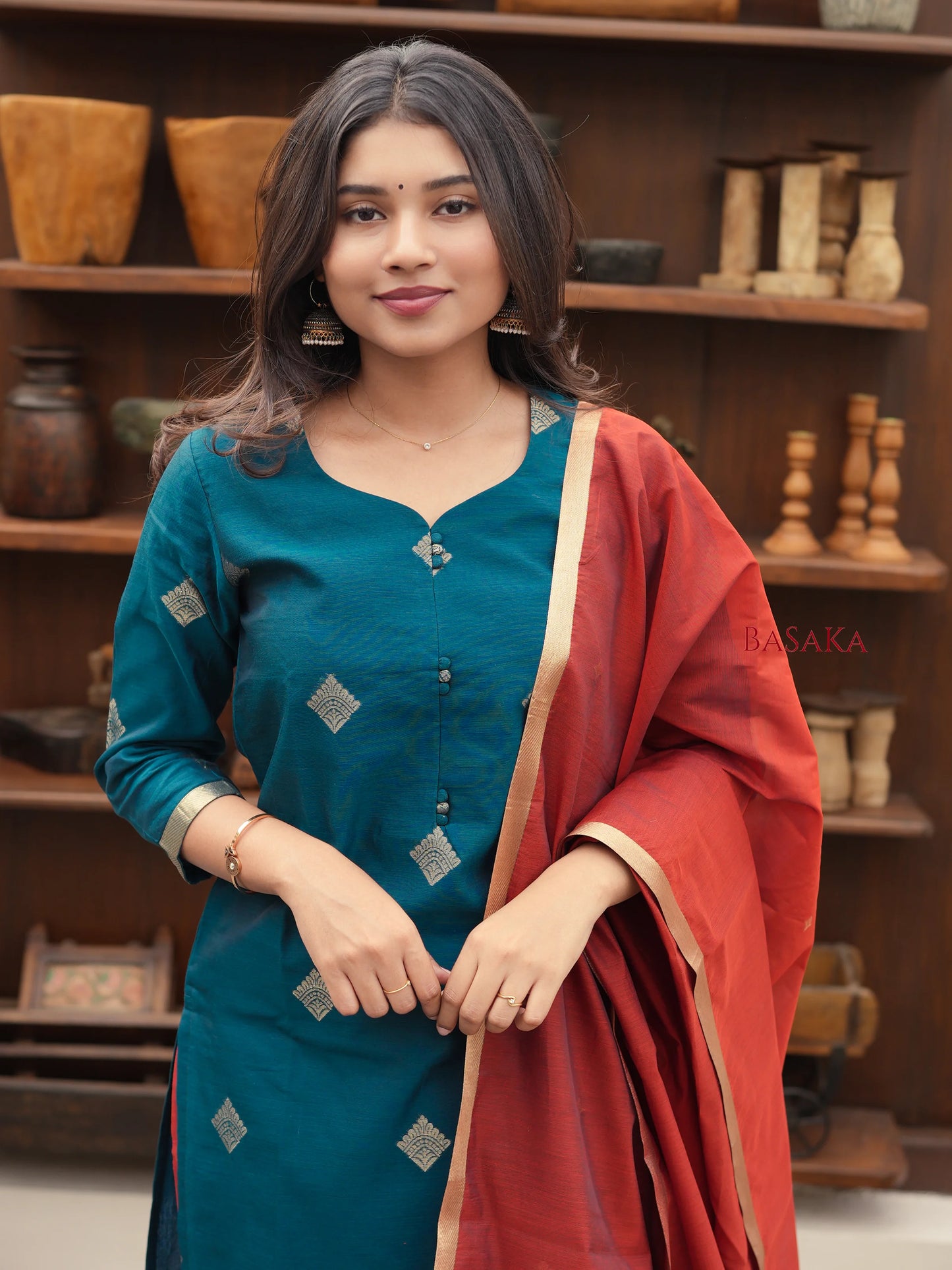Spanish Green Kora Silk Suit Set (3 Pcs) with lining