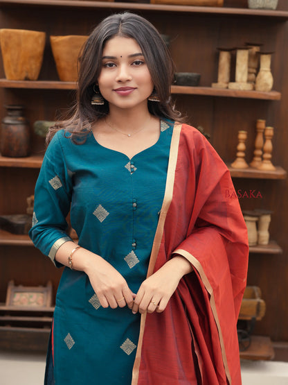 Spanish Green Kora Silk Suit Set (3 Pcs) with lining