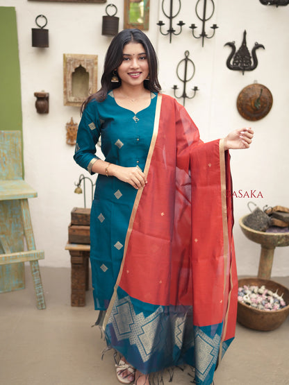 Spanish Green Kora Silk Suit Set (3 Pcs) with lining