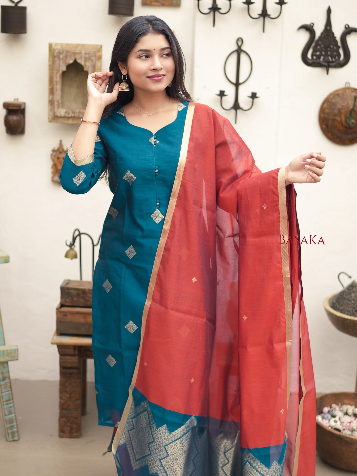 Spanish Green Kora Silk Suit Set (3 Pcs) with lining