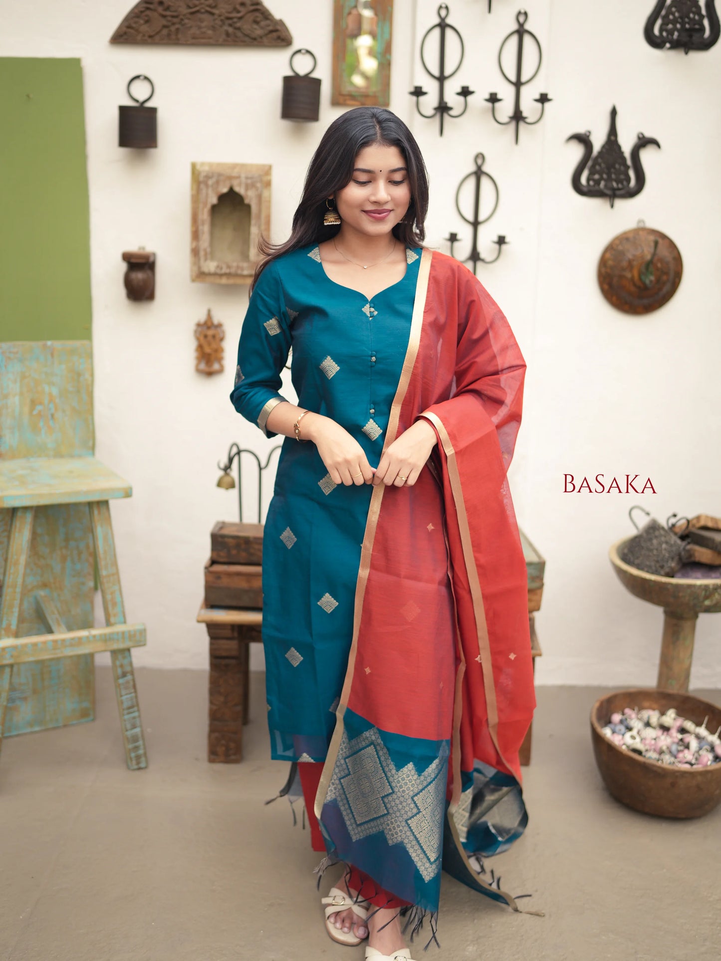 Spanish Green Kora Silk Suit Set (3 Pcs) with lining