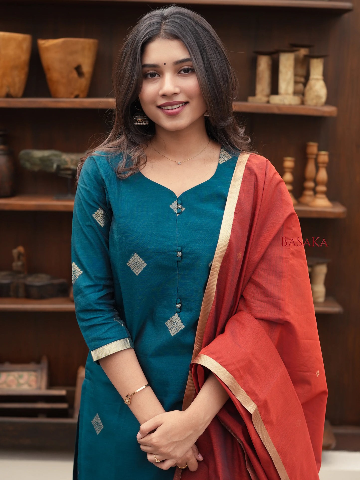 Spanish Green Kora Silk Suit Set (3 Pcs) with lining