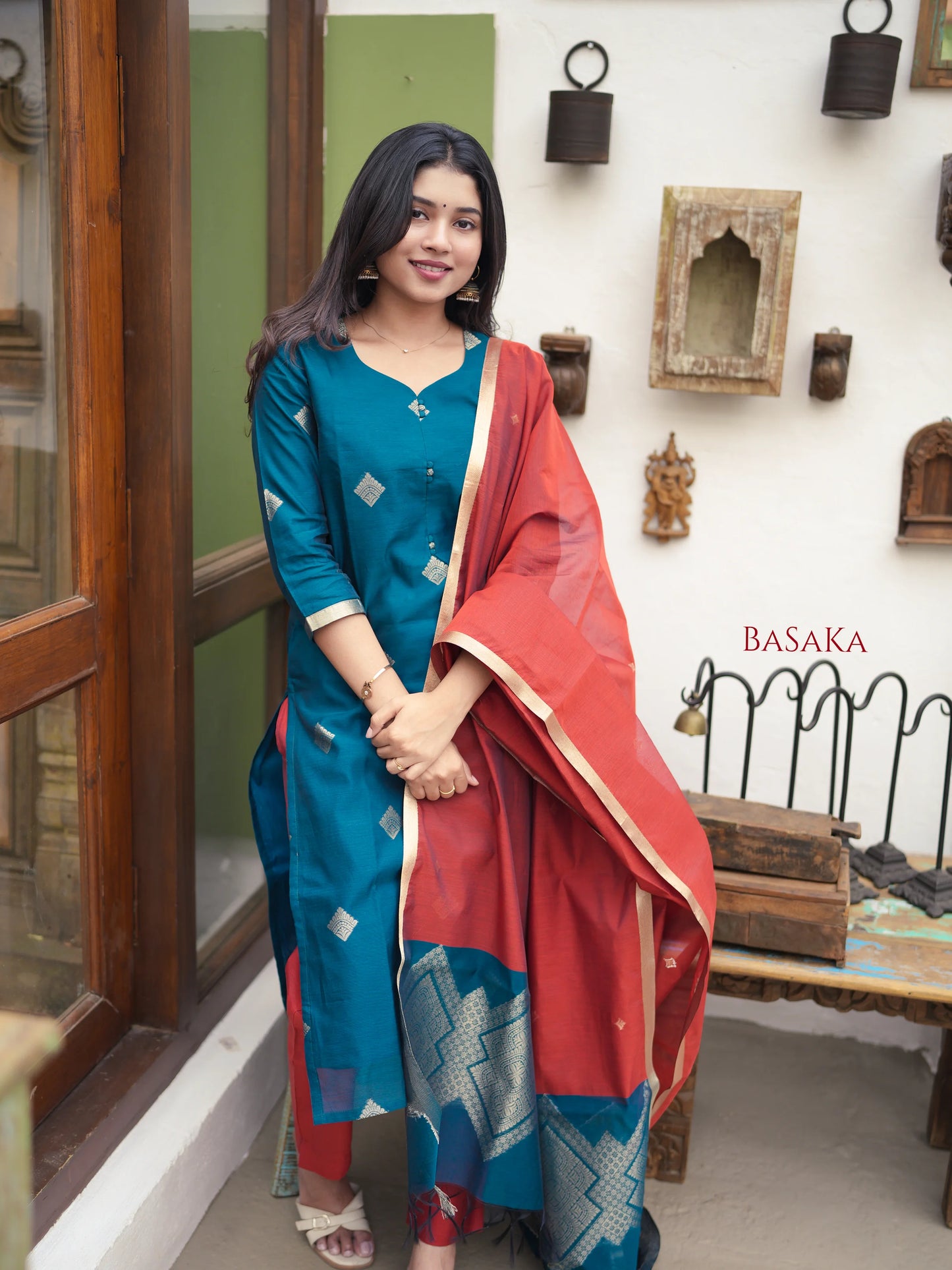 Spanish Green Kora Silk Suit Set (3 Pcs) with lining
