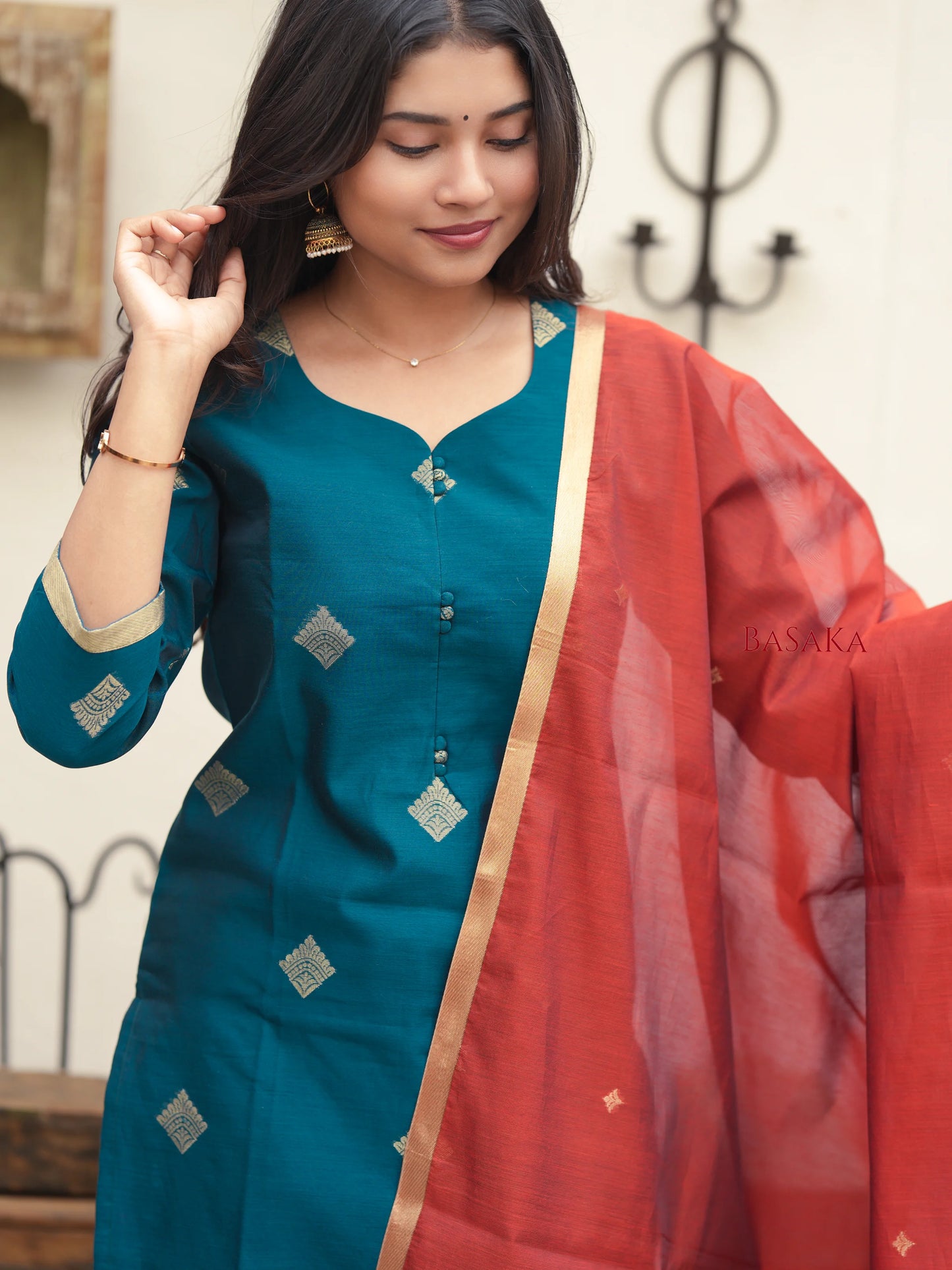 Spanish Green Kora Silk Suit Set (3 Pcs) with lining