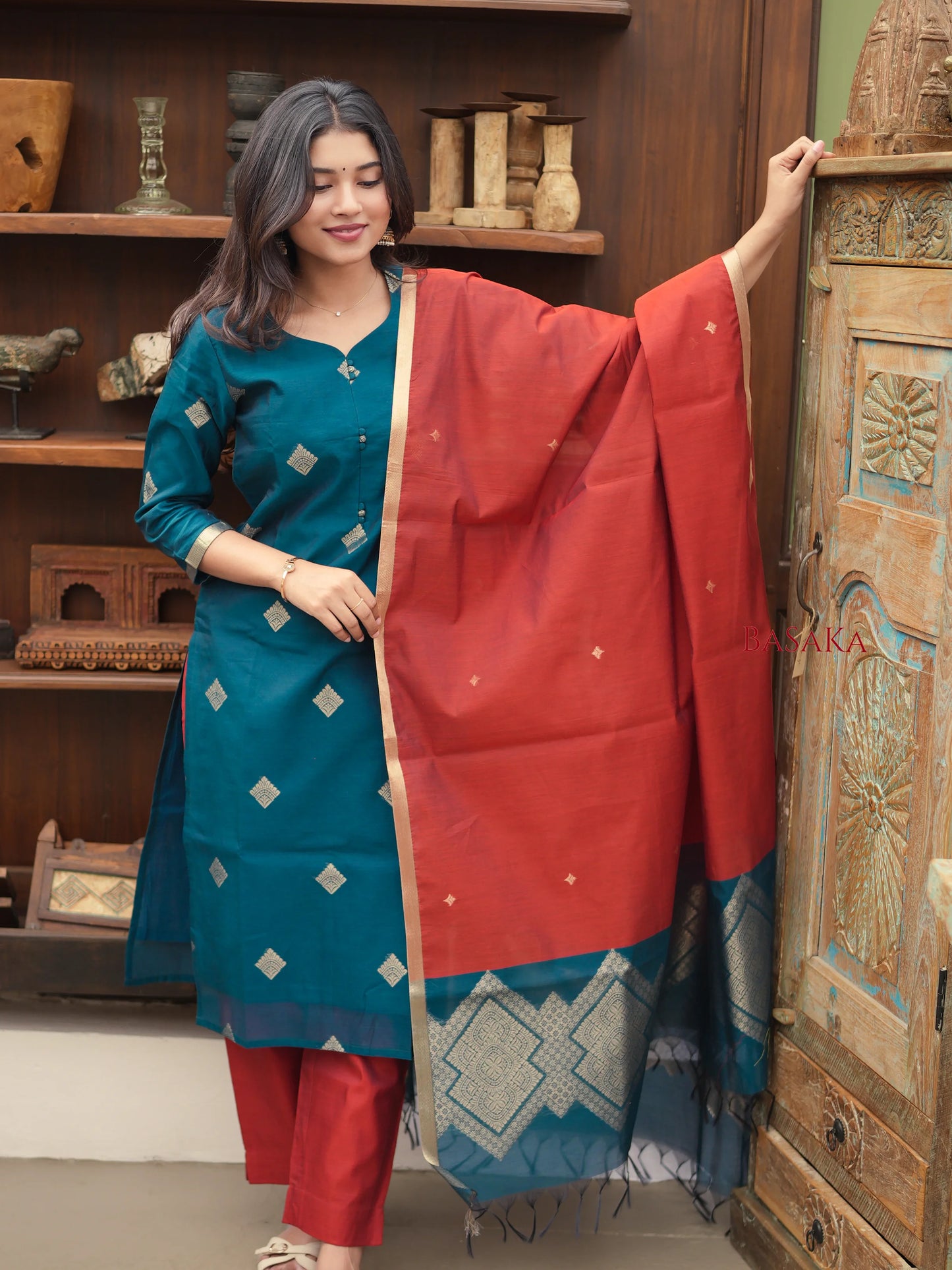 Spanish Green Kora Silk Suit Set (3 Pcs) with lining
