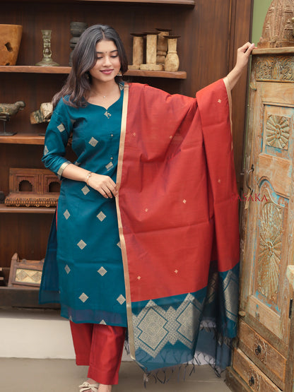 Spanish Green Kora Silk Suit Set (3 Pcs) with lining