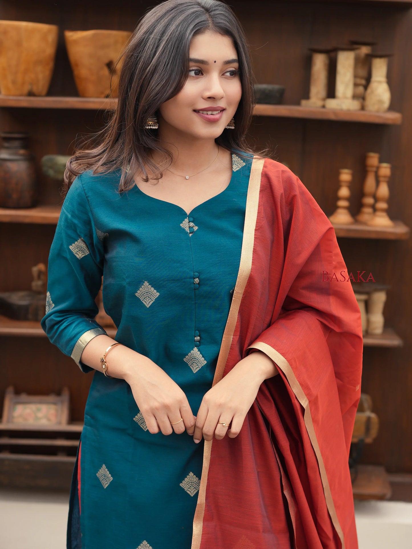 Spanish Green Kora Silk Suit Set (3 Pcs) with lining