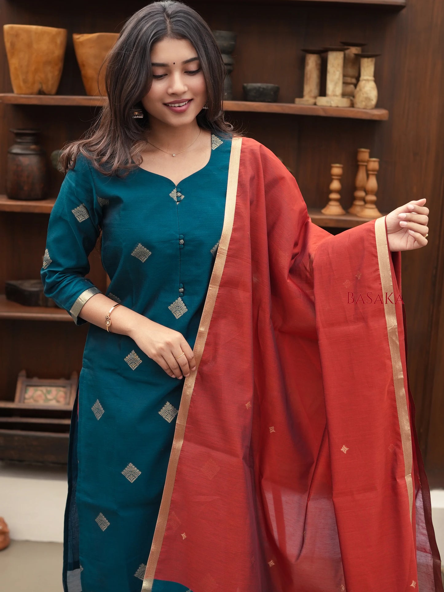 Spanish Green Kora Silk Suit Set (3 Pcs) with lining