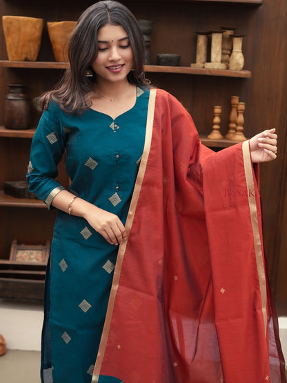 Spanish Green Kora Silk Suit Set (3 Pcs) with lining