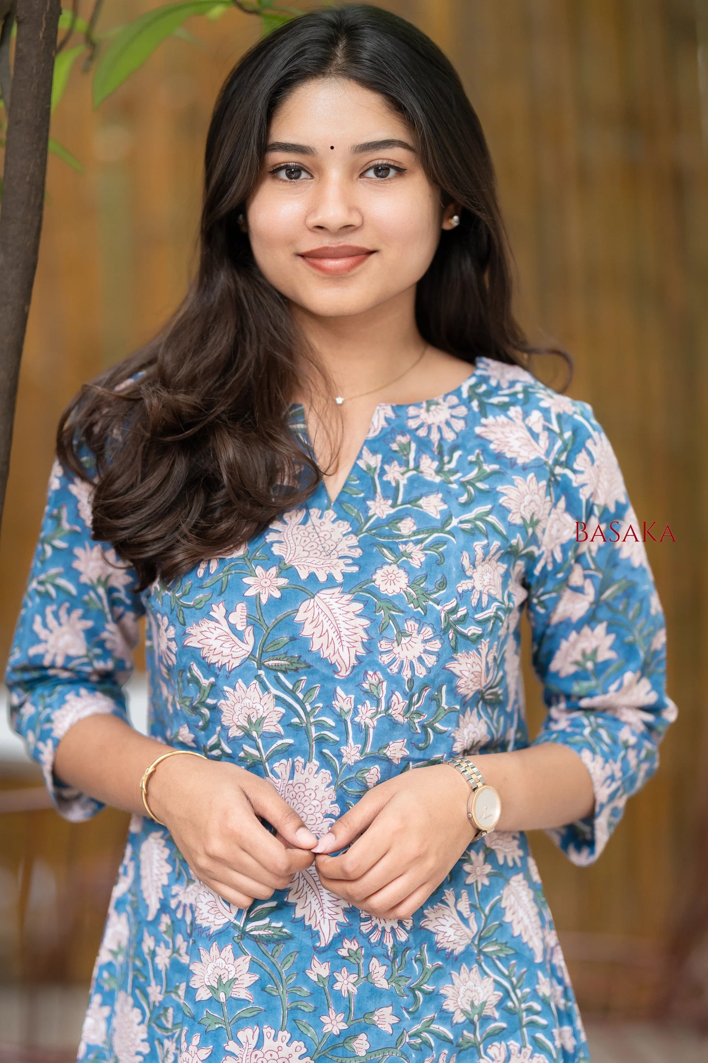 Steel Blue Floral Block Printed COTTON Top