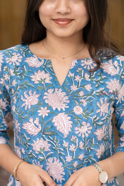 Steel Blue Floral Block Printed COTTON Top