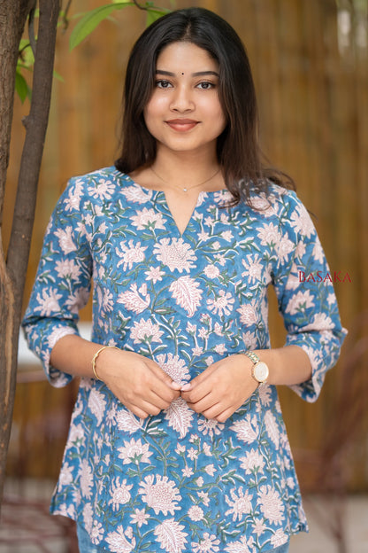 Steel Blue Floral Block Printed COTTON Top