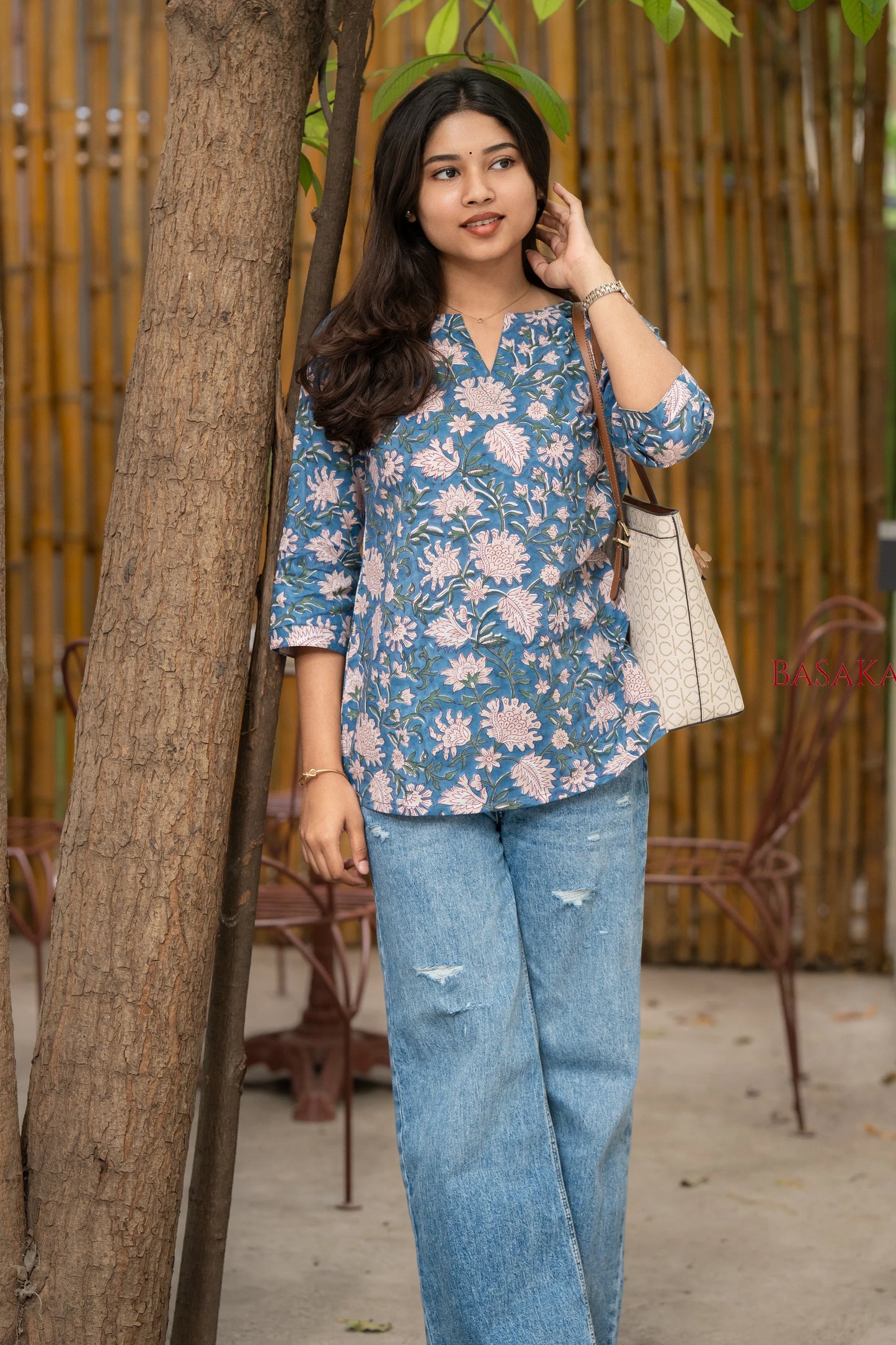 Steel Blue Floral Block Printed COTTON Top