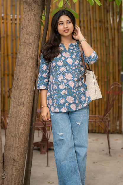 Steel Blue Floral Block Printed COTTON Top