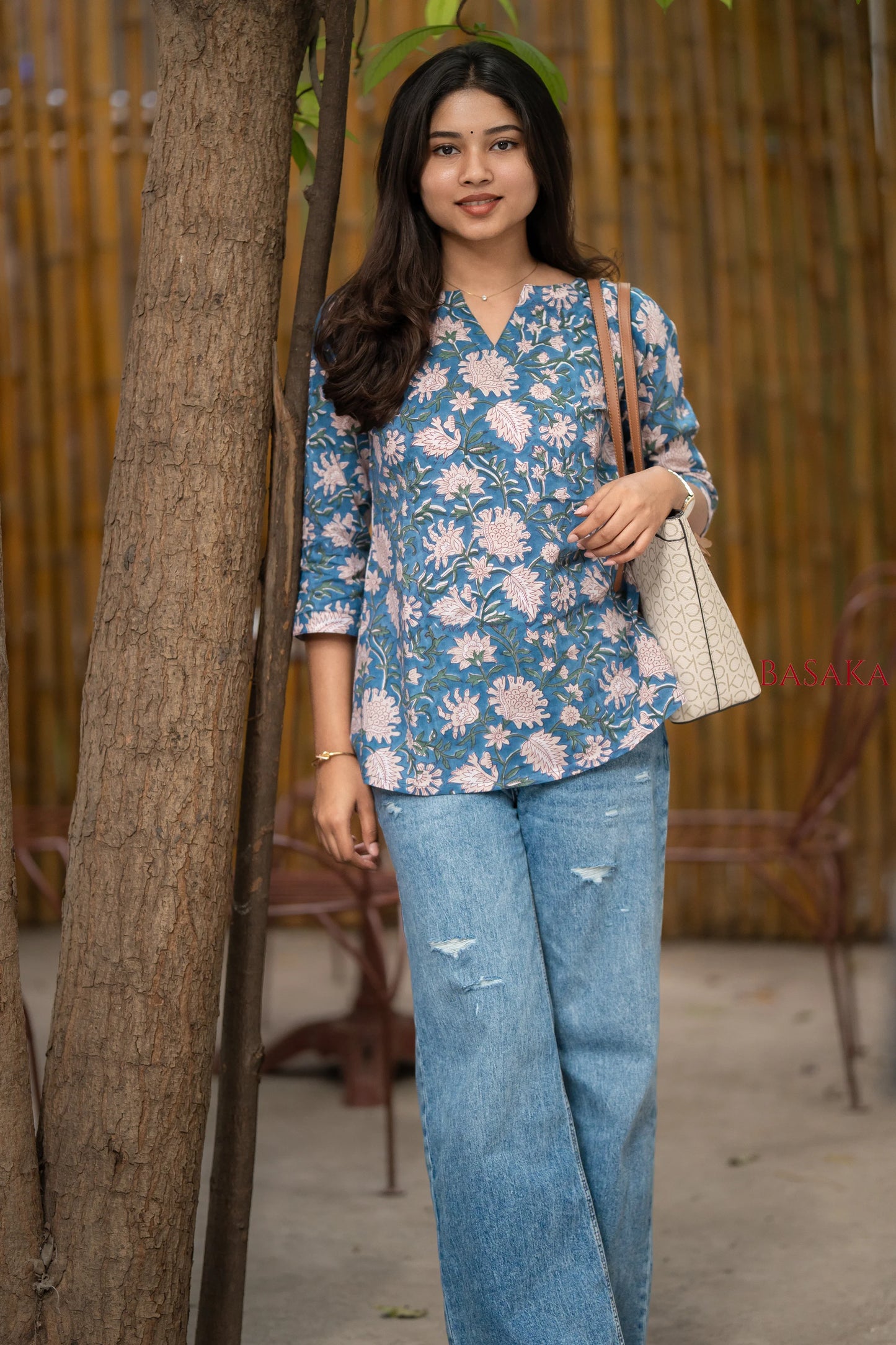 Steel Blue Floral Block Printed COTTON Top
