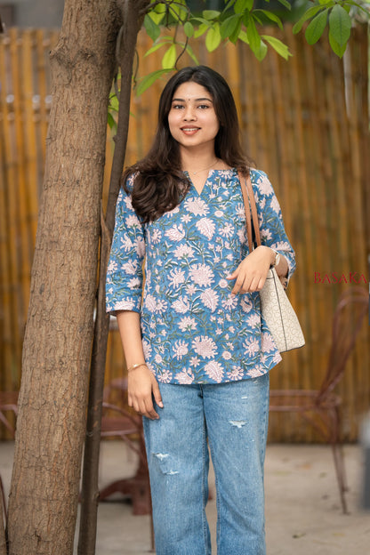 Steel Blue Floral Block Printed COTTON Top