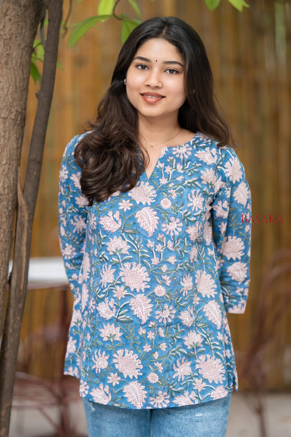 Steel Blue Floral Block Printed COTTON Top