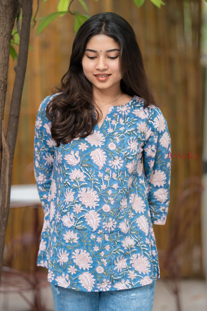 Steel Blue Floral Block Printed COTTON Top