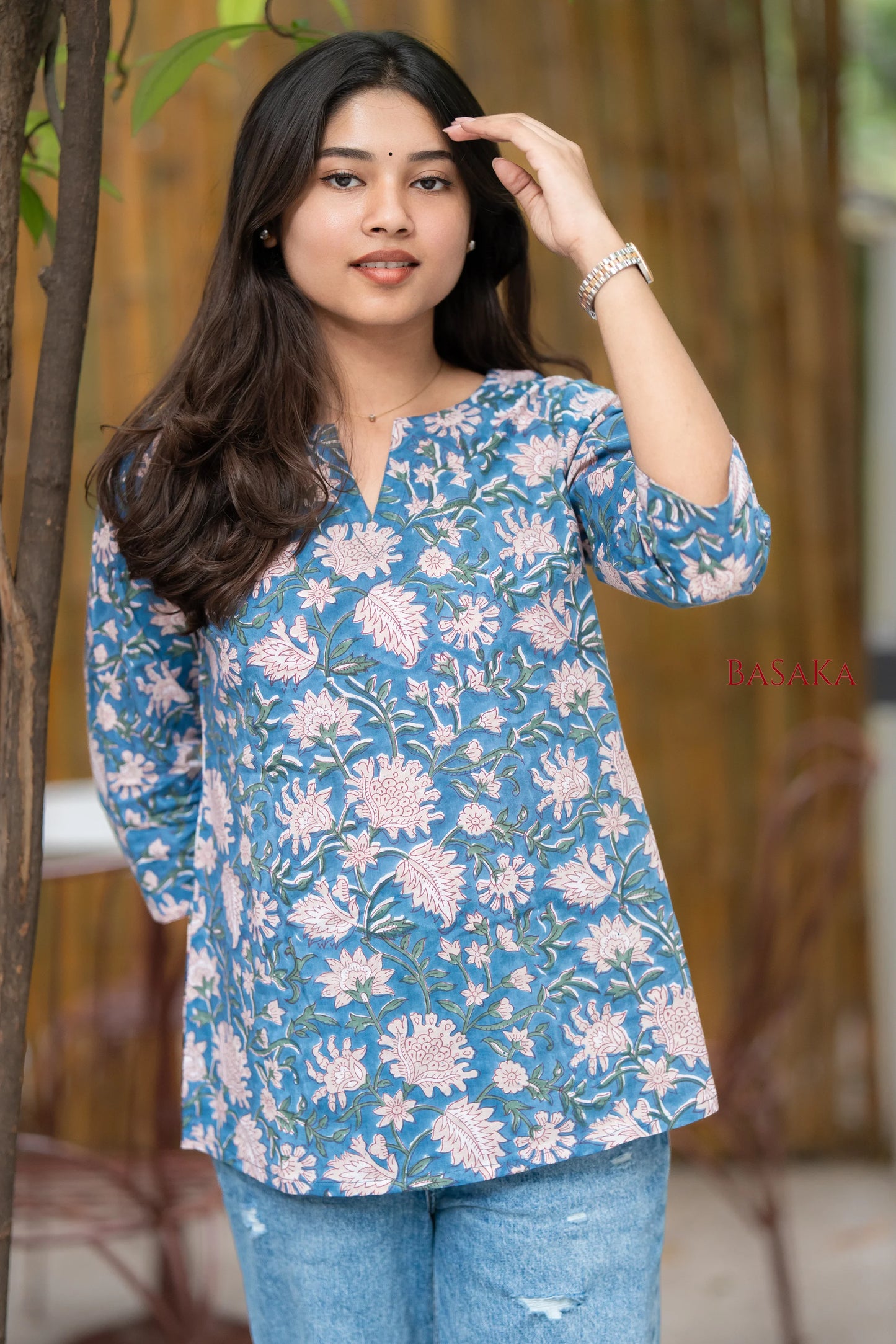 Steel Blue Floral Block Printed COTTON Top