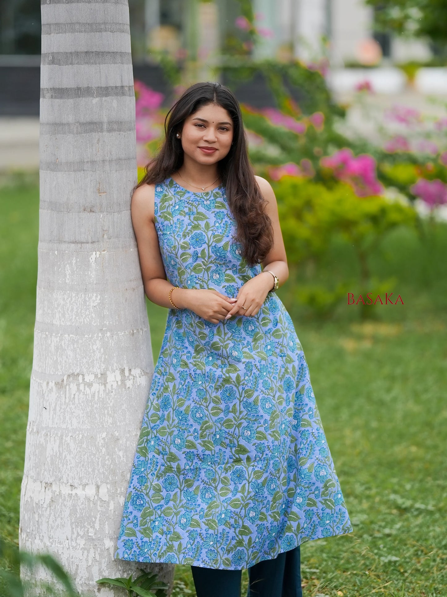 Steel Blue Floral Block Printed A-Line Sleeveless COTTON Kurta