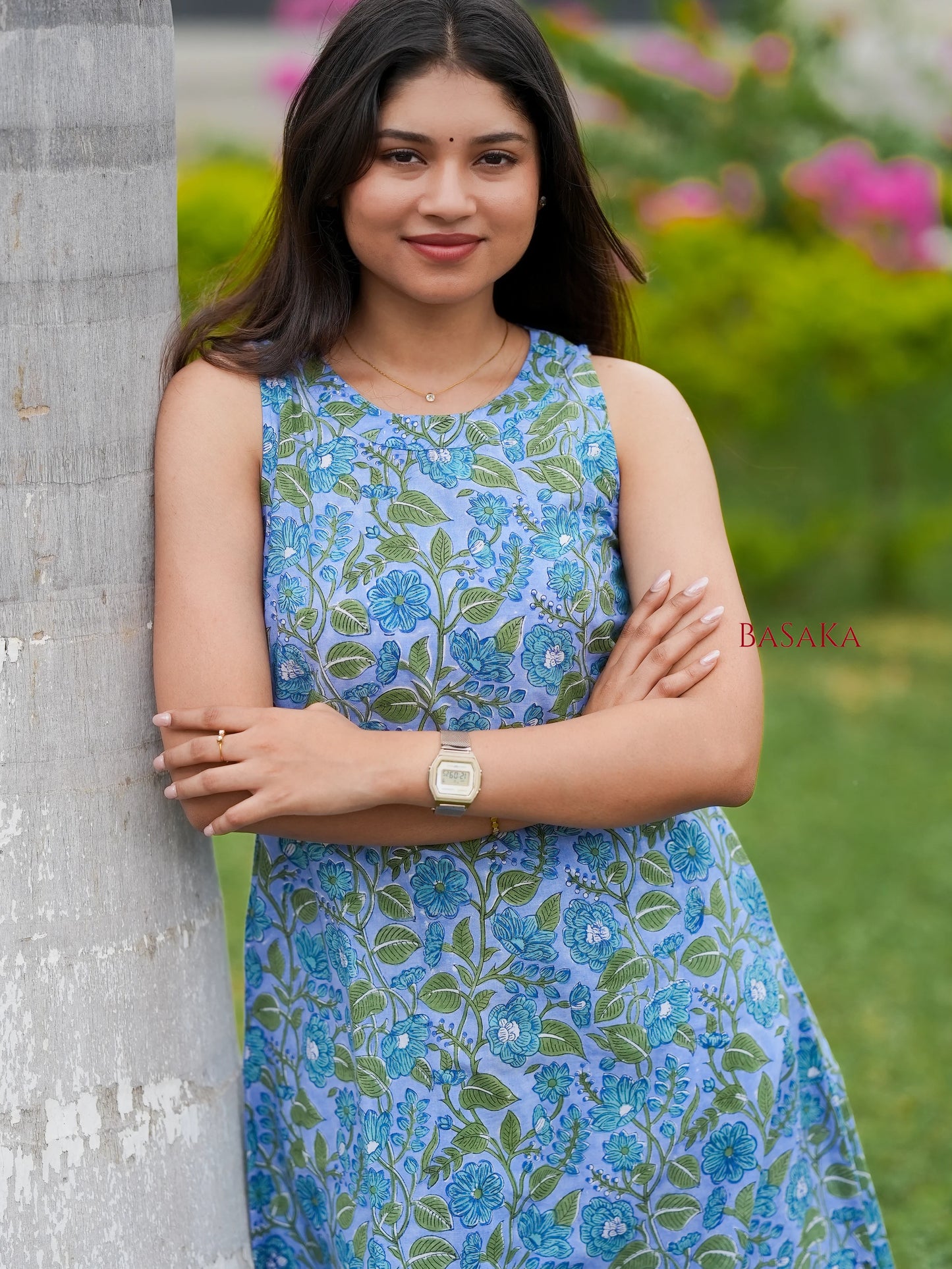 Steel Blue Floral Block Printed A-Line Sleeveless COTTON Kurta