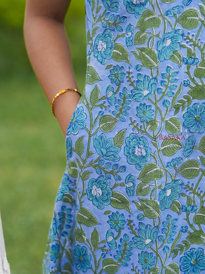 Steel Blue Floral Block Printed A-Line Sleeveless COTTON Kurta