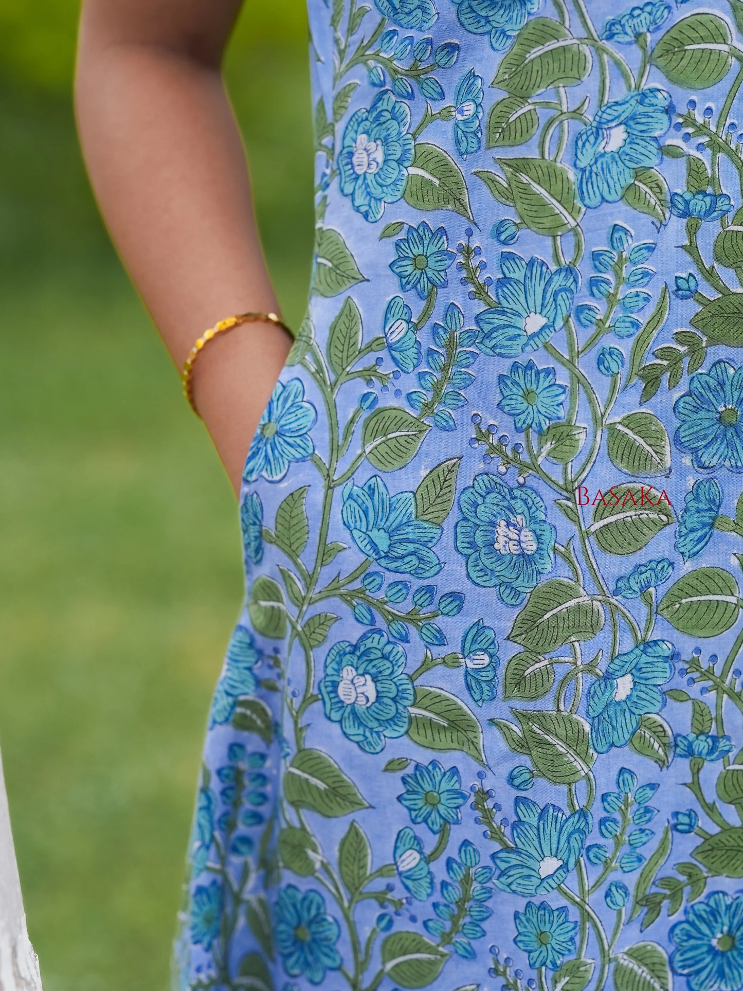 Steel Blue Floral Block Printed A-Line Sleeveless COTTON Kurta
