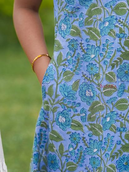 Steel Blue Floral Block Printed A-Line Sleeveless COTTON Kurta