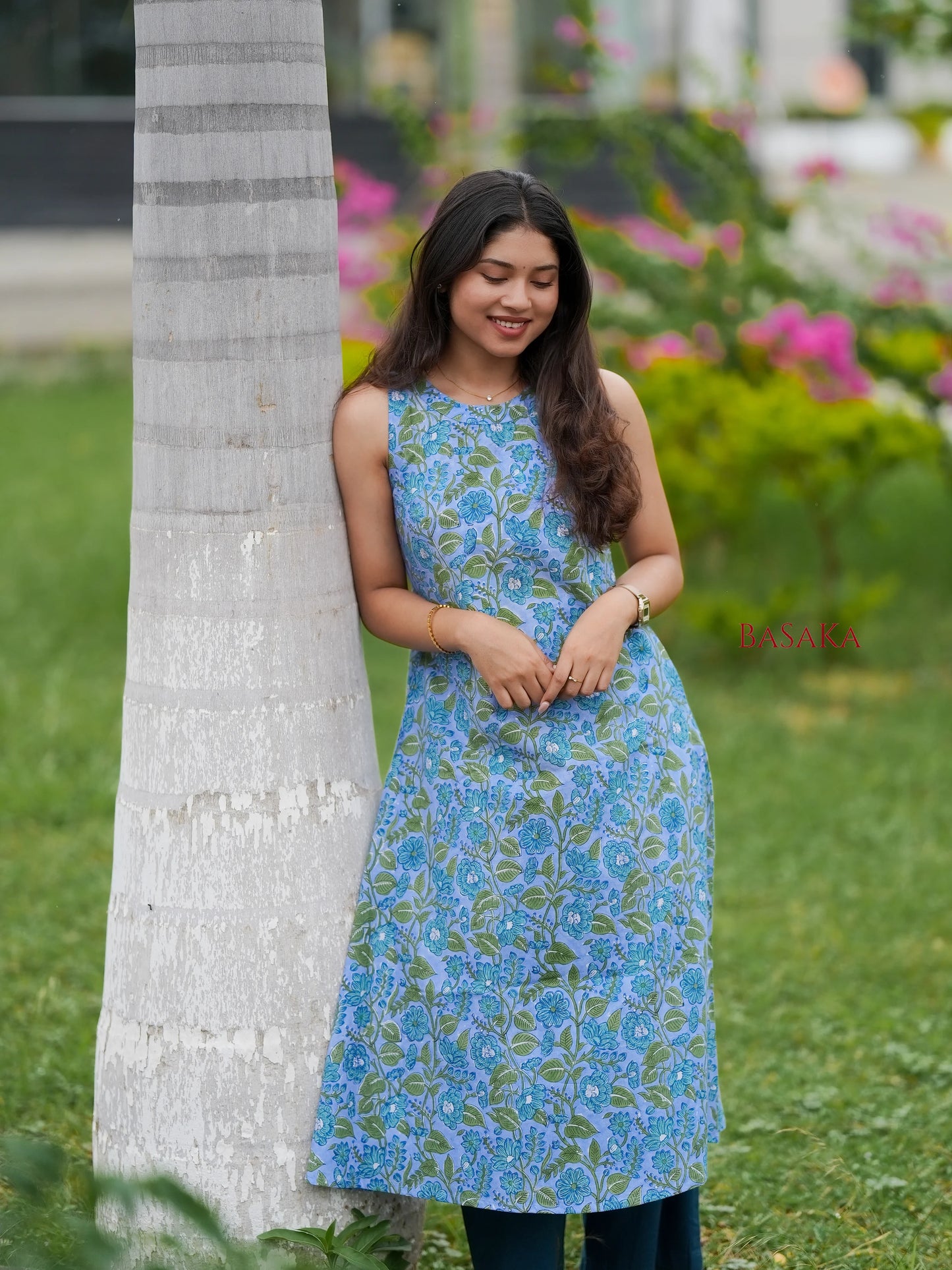 Steel Blue Floral Block Printed A-Line Sleeveless COTTON Kurta