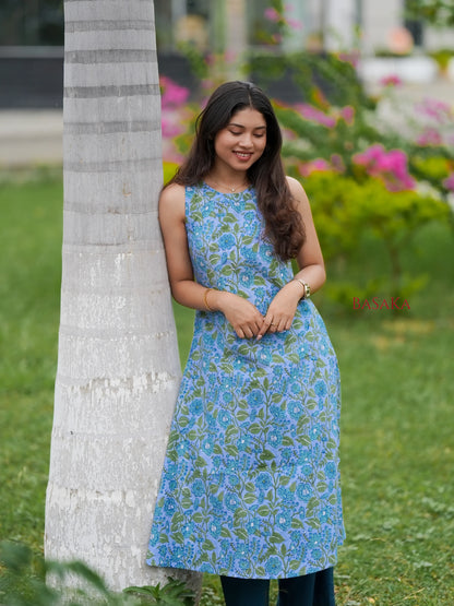 Steel Blue Floral Block Printed A-Line Sleeveless COTTON Kurta