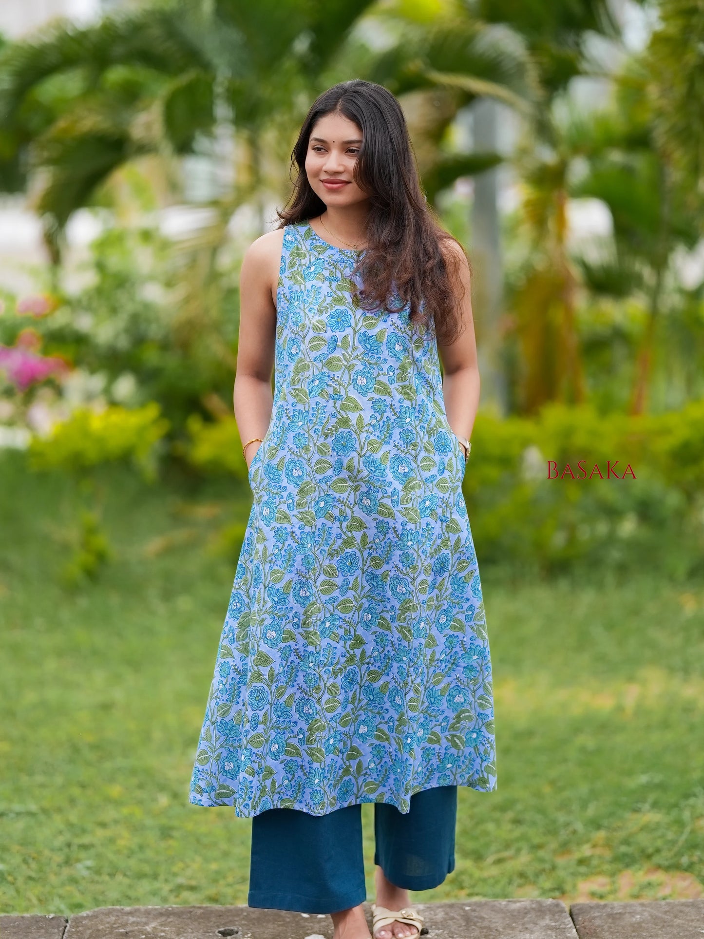 Steel Blue Floral Block Printed A-Line Sleeveless COTTON Kurta