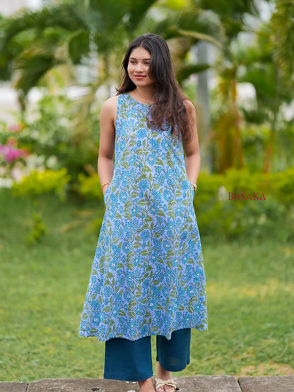 Steel Blue Floral Block Printed A-Line Sleeveless COTTON Kurta
