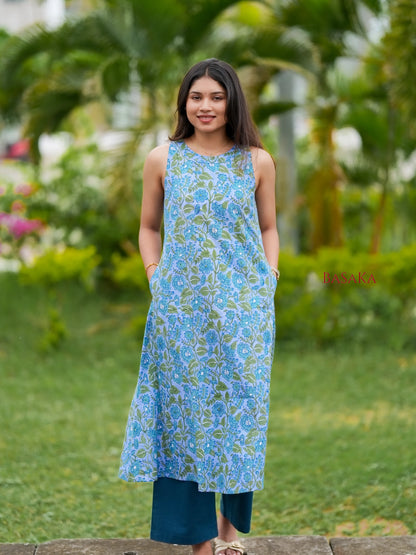 Steel Blue Floral Block Printed A-Line Sleeveless COTTON Kurta