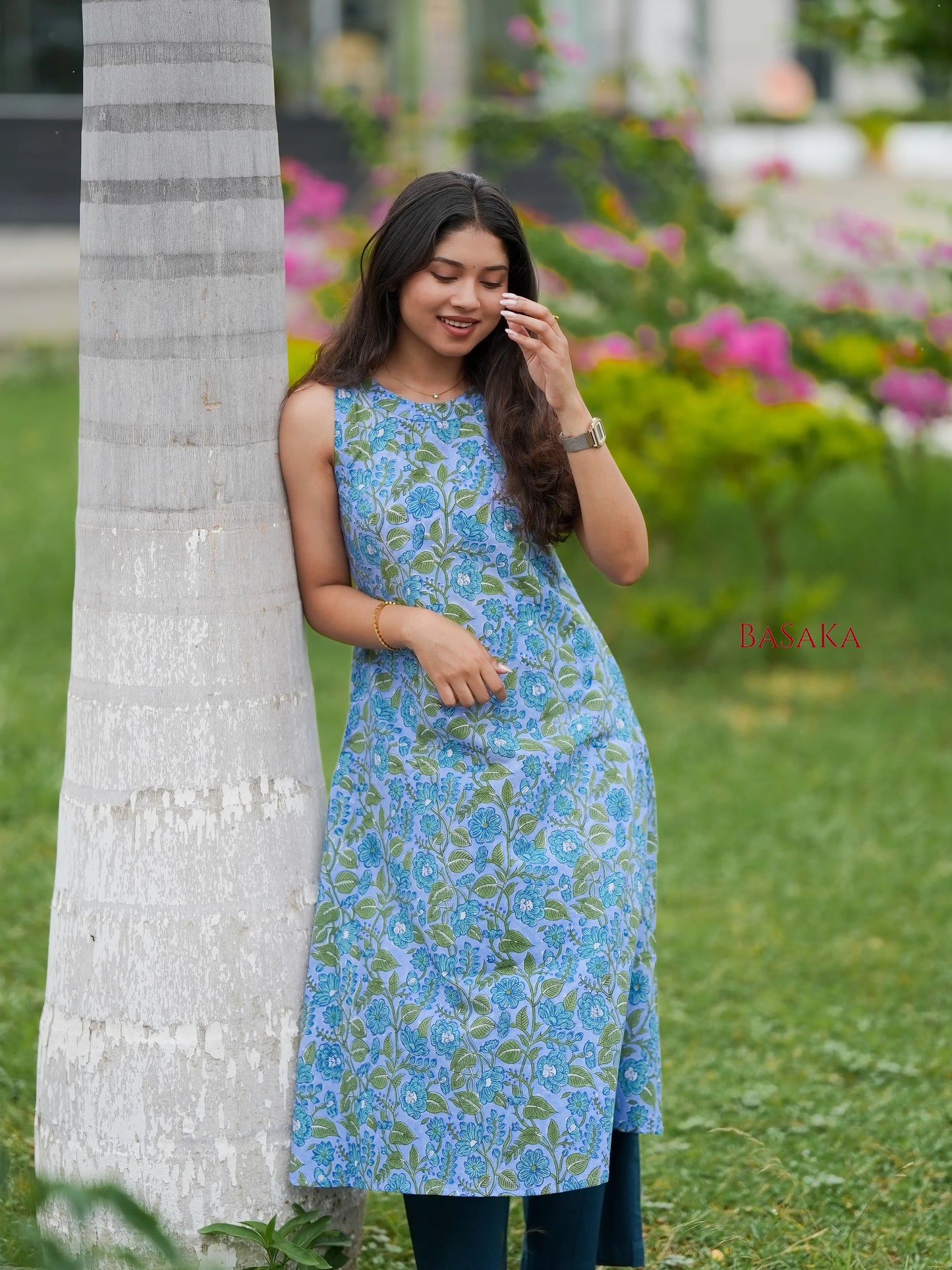 Steel Blue Floral Block Printed A-Line Sleeveless COTTON Kurta
