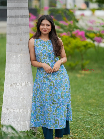 Steel Blue Floral Block Printed A-Line Sleeveless COTTON Kurta