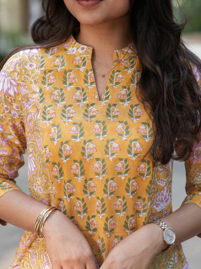Sunrise Yellow Block Printed A-line COTTON Kurta