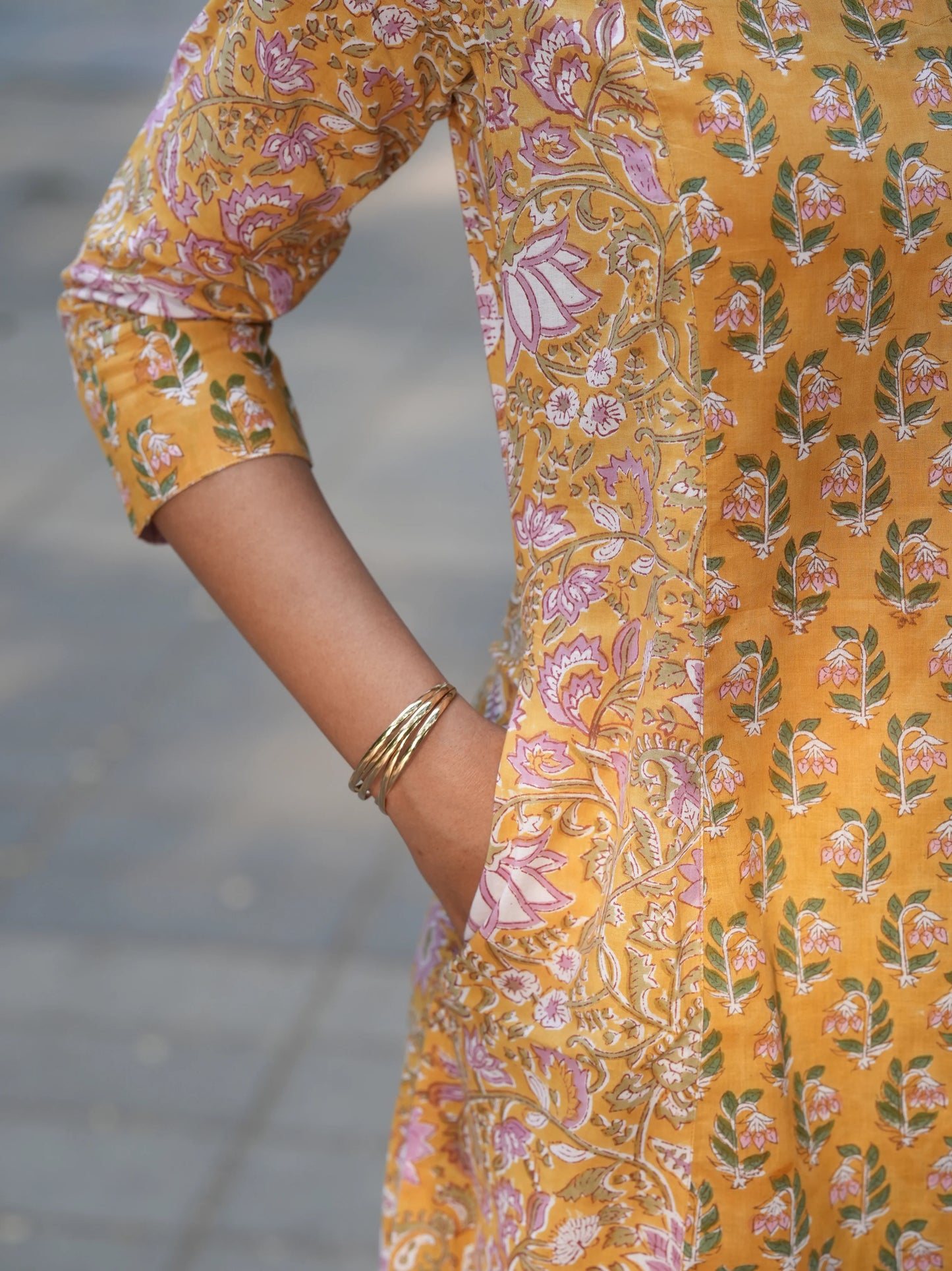 Sunrise Yellow Block Printed A-line COTTON Kurta