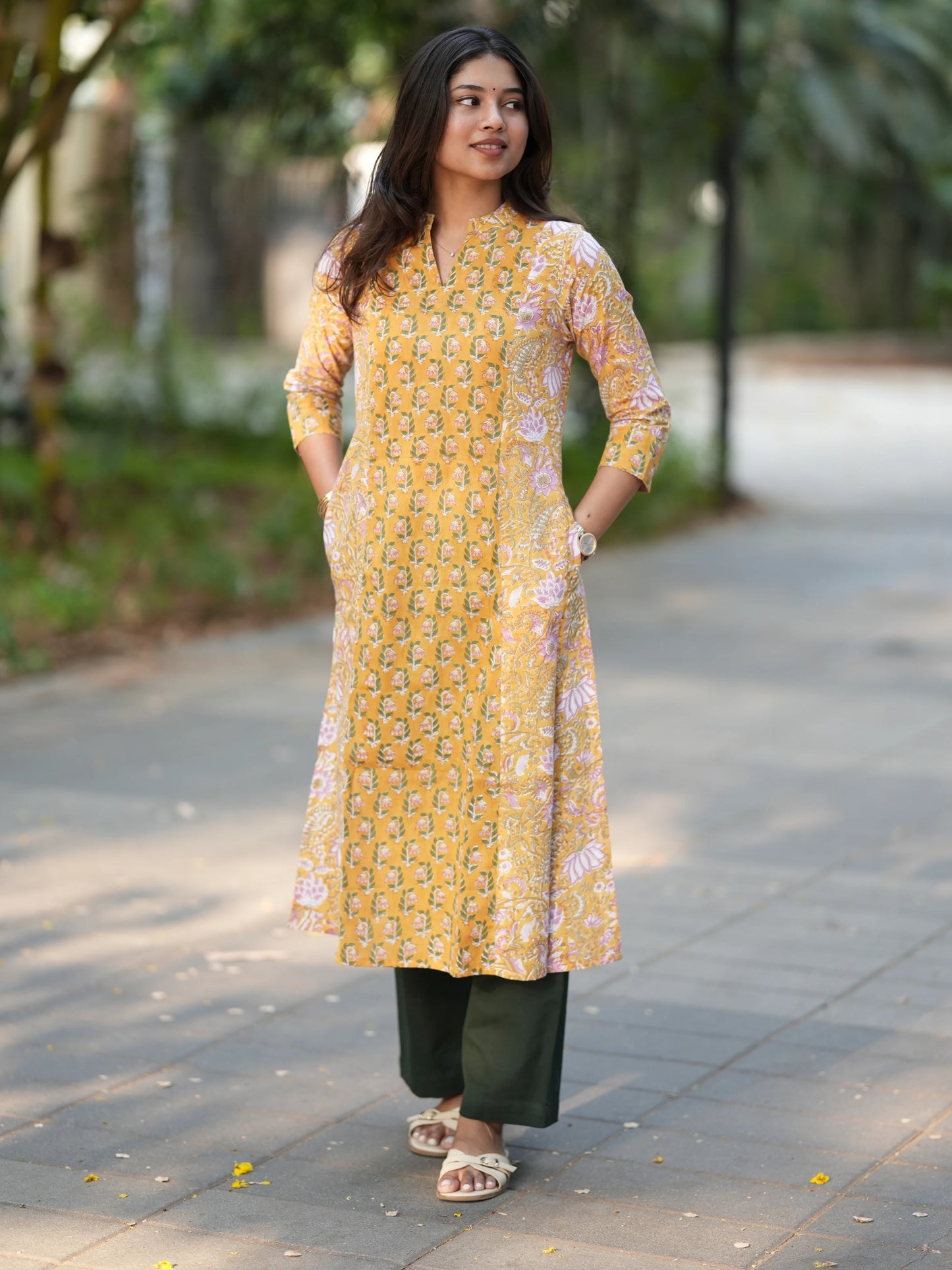 Sunrise Yellow Block Printed A-line COTTON Kurta