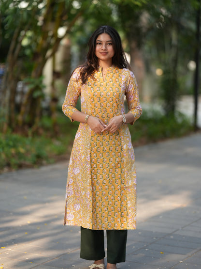 Sunrise Yellow Block Printed A-line COTTON Kurta