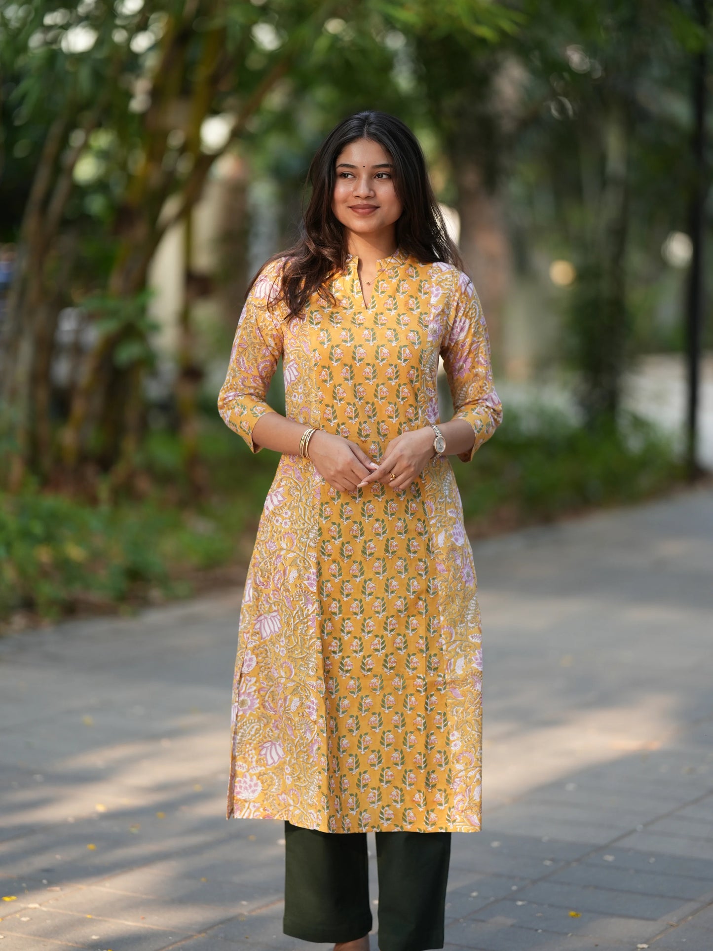 Sunrise Yellow Block Printed A-line COTTON Kurta