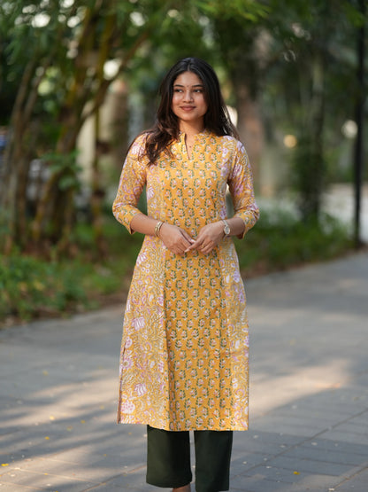 Sunrise Yellow Block Printed A-line COTTON Kurta