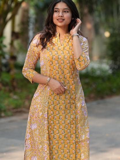 Sunrise Yellow Block Printed A-line COTTON Kurta