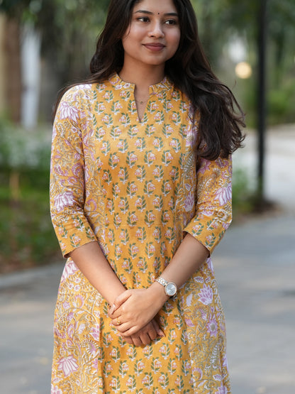 Sunrise Yellow Block Printed A-line COTTON Kurta