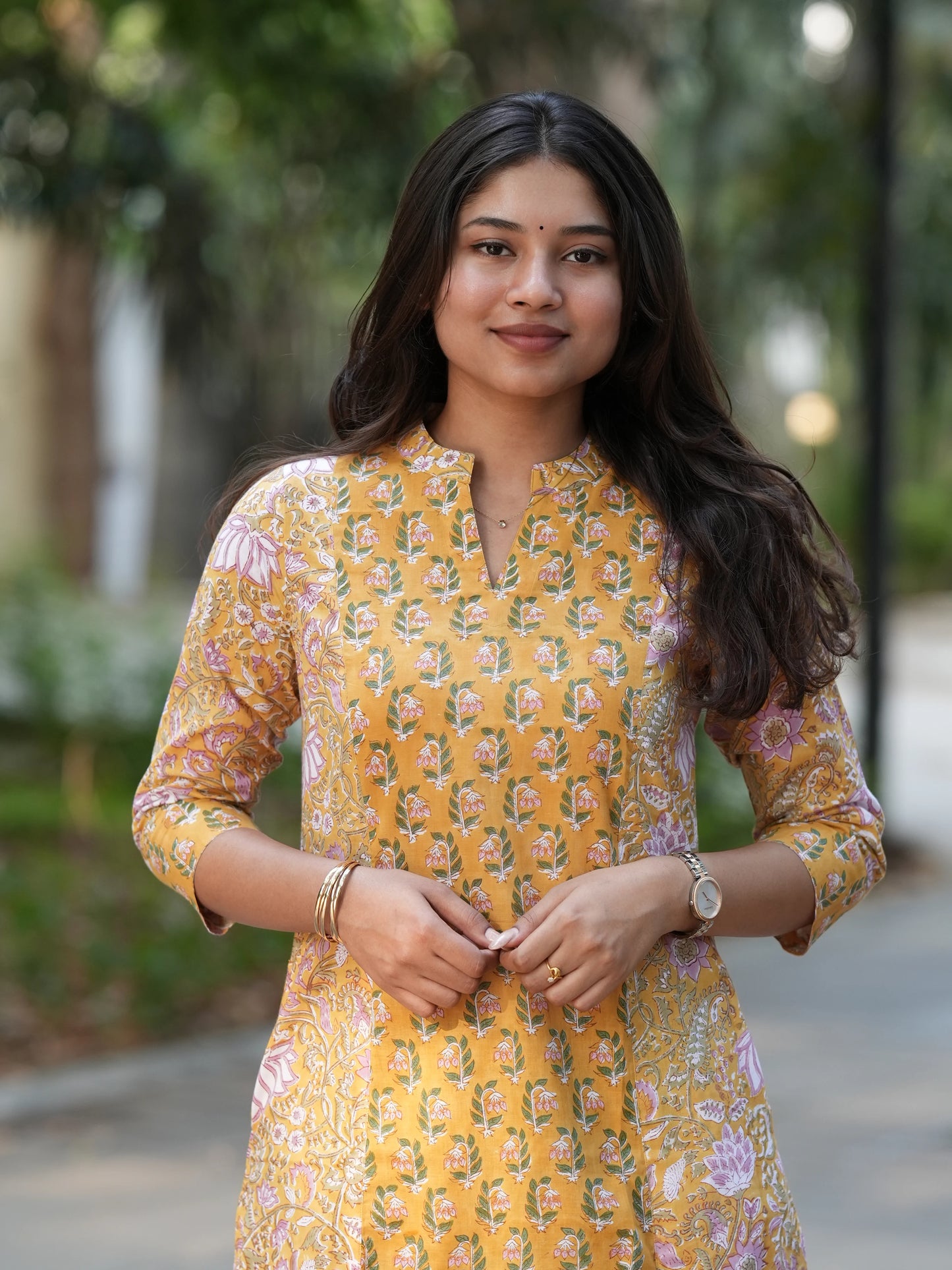 Sunrise Yellow Block Printed A-line COTTON Kurta