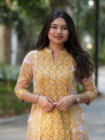 Sunrise Yellow Block Printed A-line COTTON Kurta
