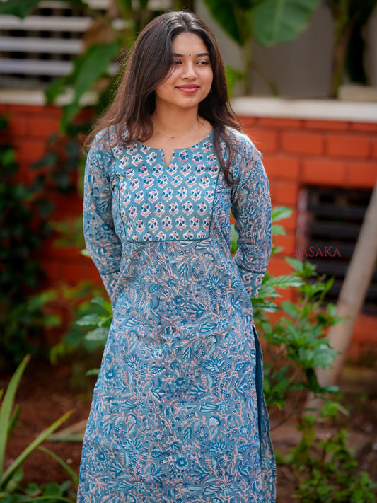 Teal Blue Floral Block Printed COTTON Kurta