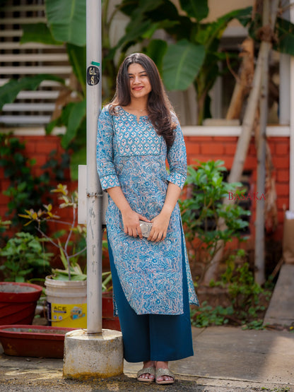 Teal Blue Floral Block Printed COTTON Kurta
