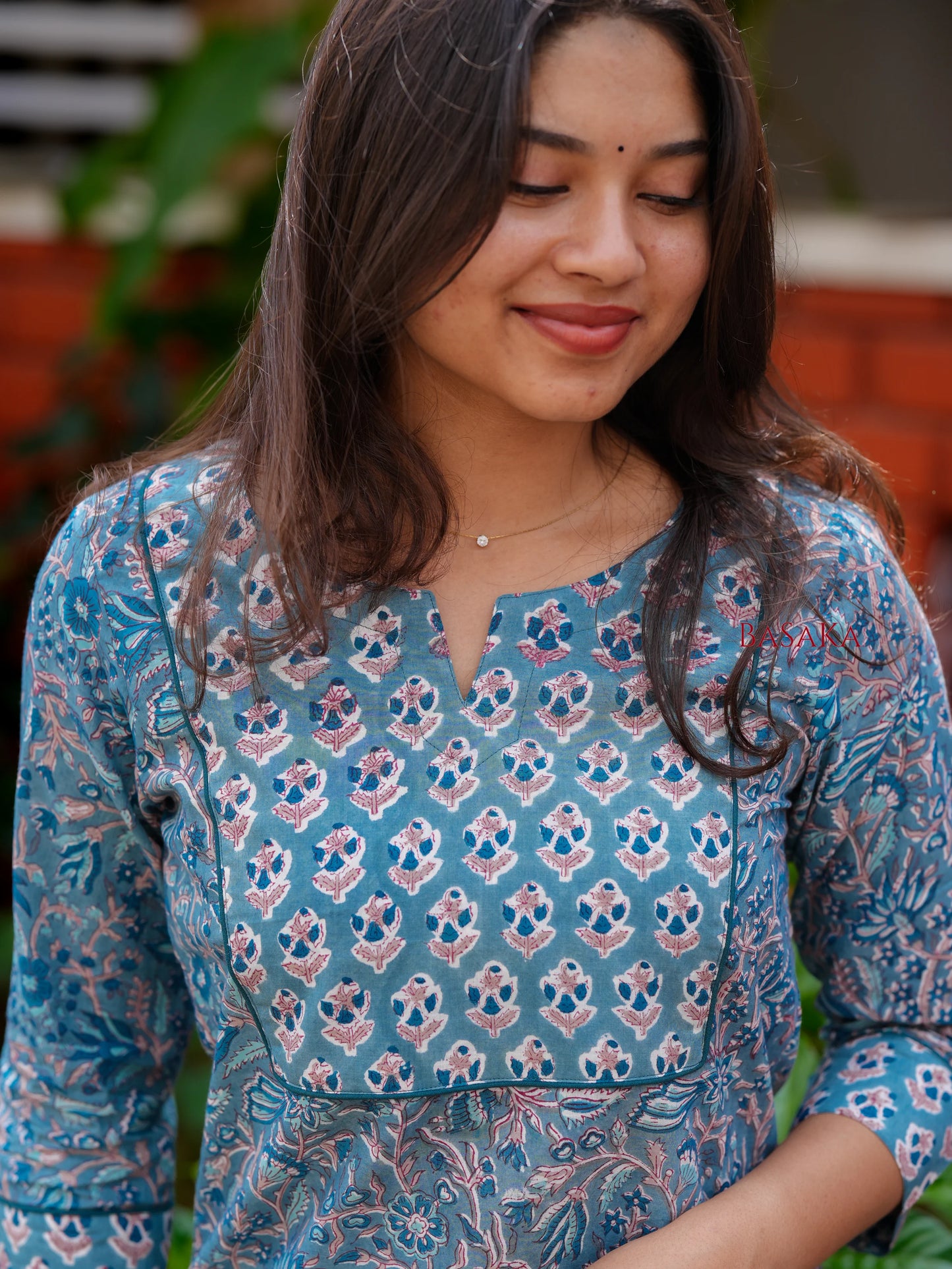 Teal Blue Floral Block Printed COTTON Kurta