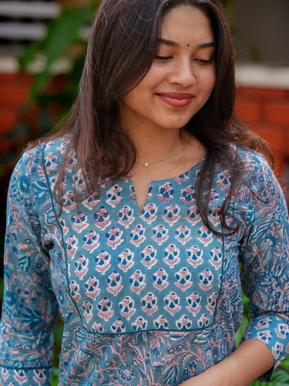 Teal Blue Floral Block Printed COTTON Kurta